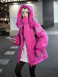 Casaco feminino solto e grosso para baixo puffer, monocromático, com capuz, ferramental, versão coreana, inverno