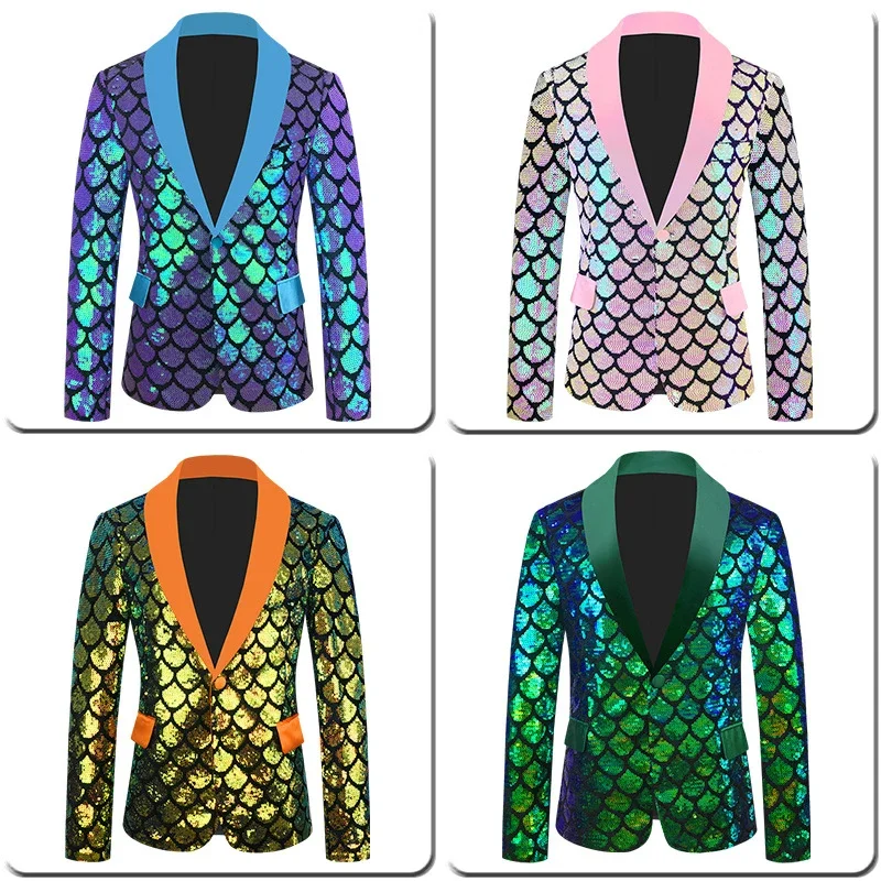 Velvet Phantom Color Reversible Fish Scale Sequin Performance Men Blazer, Green Fruit Collar Wedding Banquet Party Dress Jacket