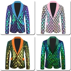 Velvet Phantom Color Reversible Fish Scale Sequin Performance Men Blazer, Green Fruit Collar Wedding Banquet Party Dress Jacket