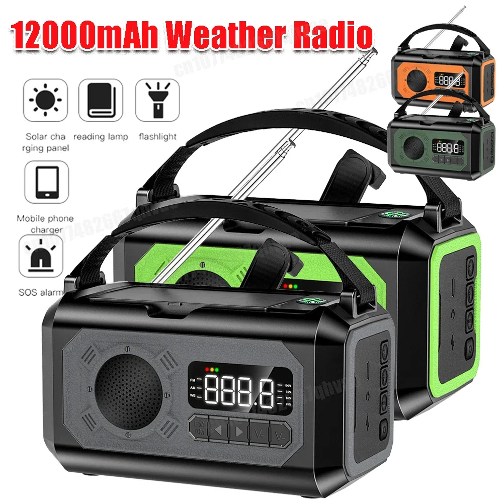 12000mAh Emergency Weather Radio with 2 Solar Panels Hand Crank Radio AM/FM/NOAA Weather Radio Reading Lamp for Outdoor Survival