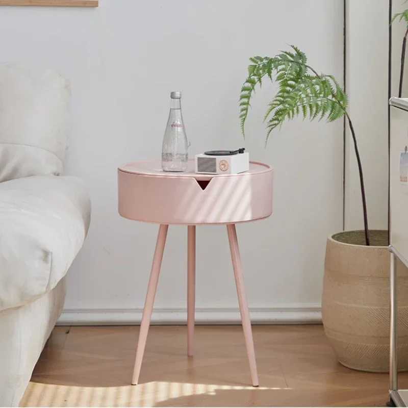 INS Home Fashion Triangular Round Disc Table, Mini Bedside Table, Girly Pink Accent Table, Reinforced Carbon Steel Legs