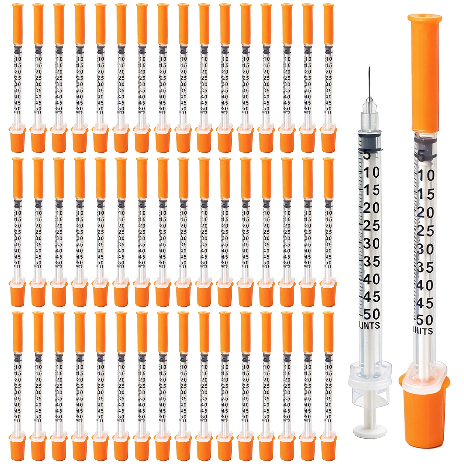 50/100 Stück 0,5 ml 30G 8 mm Einweg-sterile orangefarbene Insulinspritze mit 5/16" Nadel, einzeln verpackt für die Tierfütterung, Kunststoff – Detail 1
