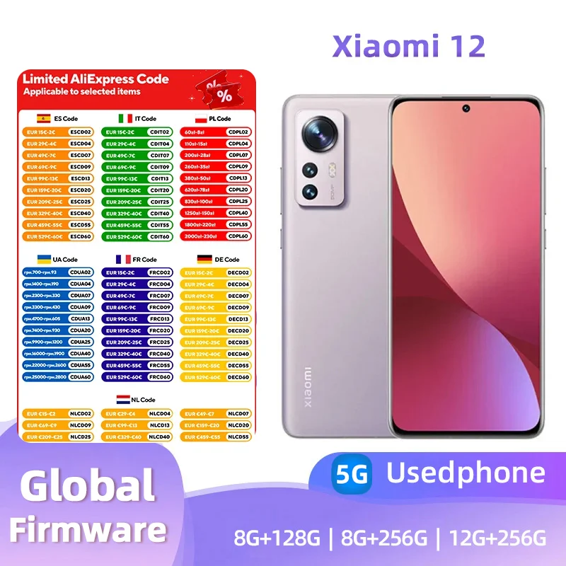 Б/у телефон Xiaomi 12 5G Android 6,28 дюйма с ОЗУ, 12 ГБ ПЗУ, 256 ГБ