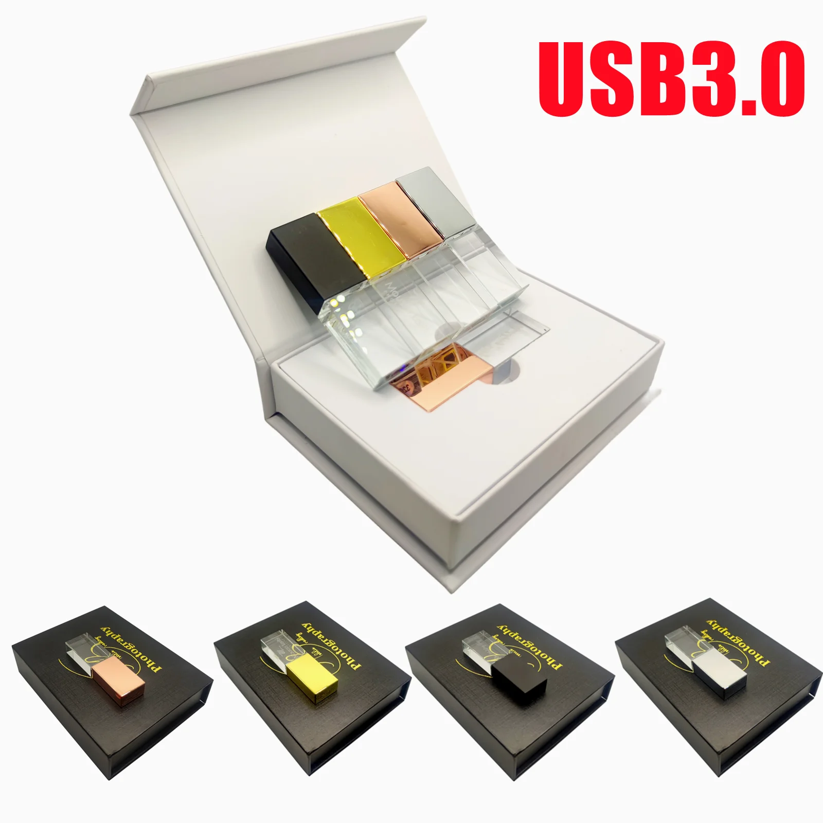 Free Custom Laser Engraving LOGO Color Metal Crystal USB3.0 High-speed Flash Drive and Gift Box 128GB 8GB 16GB 32GB 64GB