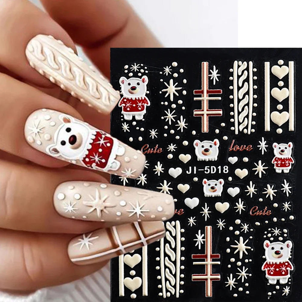 5D Christmas Nail Stickers Cute Cartoon Bear Nail Decals Snowflakes Decoration Winter Gloves Moose Sliders for Manicure LEBJI-5D