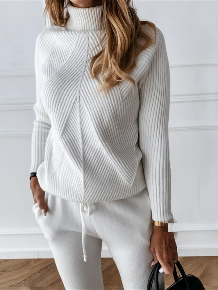 TAOVK-Women's Knitted Tracksuit Monochromatic Striped Turtleneck Sweater and Elastic Trousers 2-Piece Set Autumn and Winter