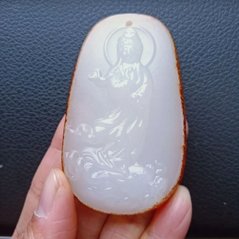 Natural Chinese White Jade with Leather Hand Carved Buddha Pendant Fashion Boutique Jewelry Men and Women Necklace Popular Gift