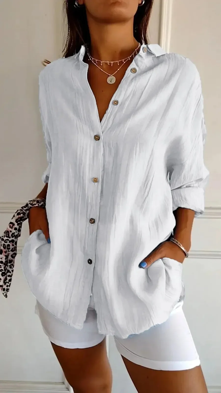 Camisa casual de algodão de linho, top de lapela, gola V, solta, monocromática, escritório, retrô, verão, moda, 2024