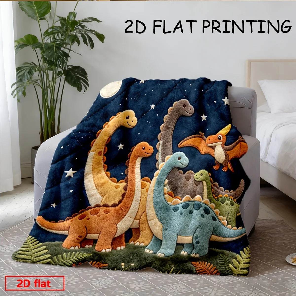 2D Flat Printed 1pc Flannel Flannel Navy Night Sky Plush Dinosaur Blanket, Brachiosaurus Pterodactyl Fern Leaf, AllSeason Soft A