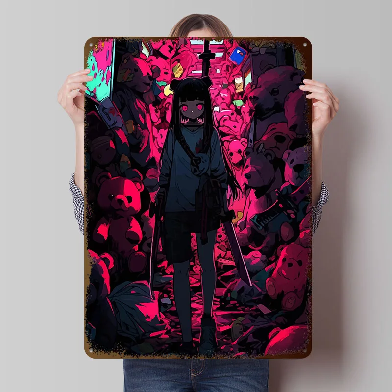 Anime Girl With Swords and Teddy Bears Printed Poster Customized Wall Art Retro Vintage Metal Tin Signs for Room Bathroom Decor