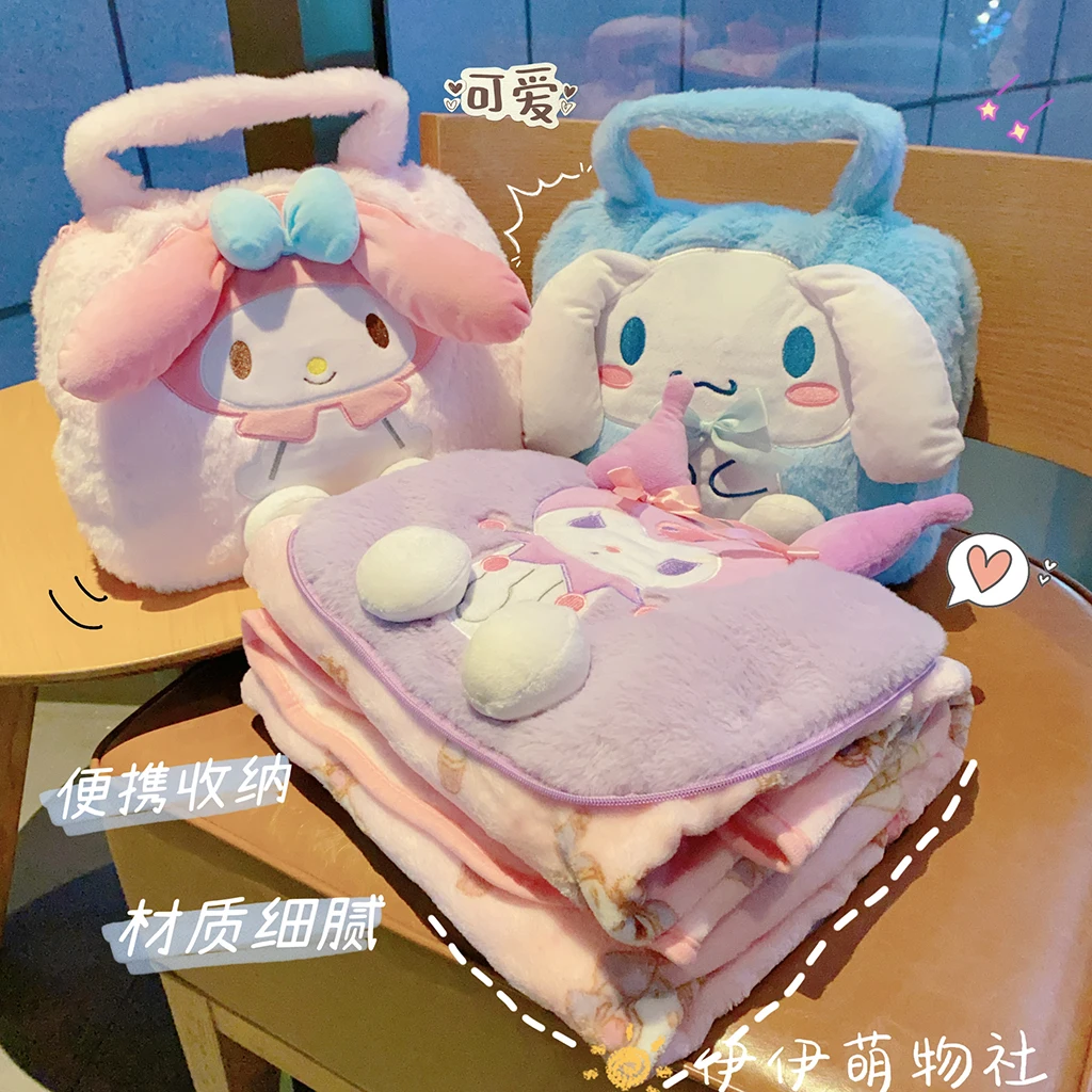 Sanrio Plush Portable Blanket Bag My Melody Kuromi Cinnamoroll Pochacco Warm Blanket Hello Kitty Plush Nap Blanket Girl Gift