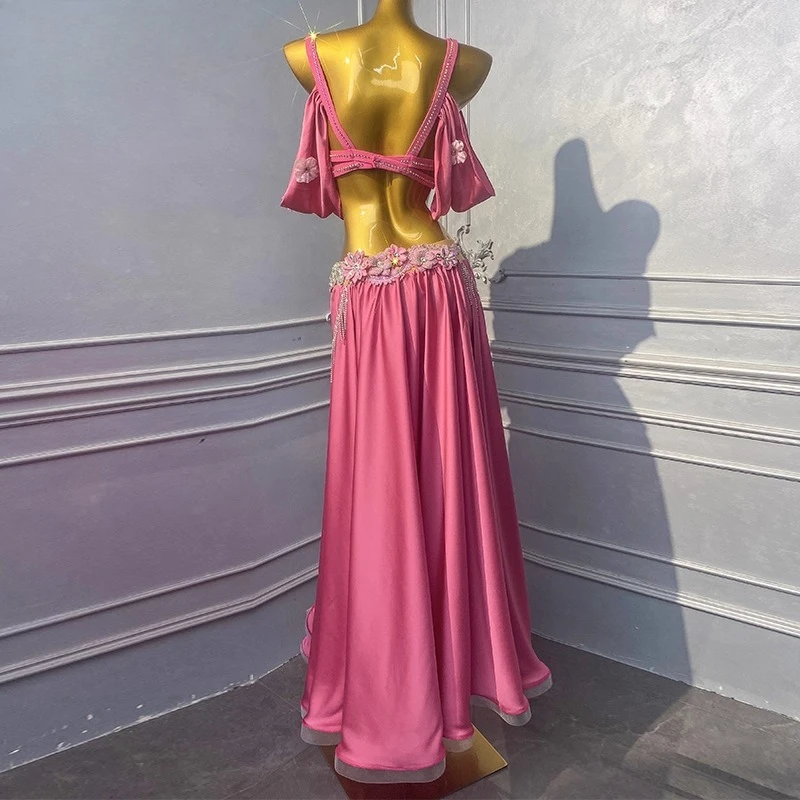Vestido de dança do ventre personalizado, conjunto rosa e verde de alta qualidade, corrente de flores, samba americano, feminino, palco adulto, roupas profissionais