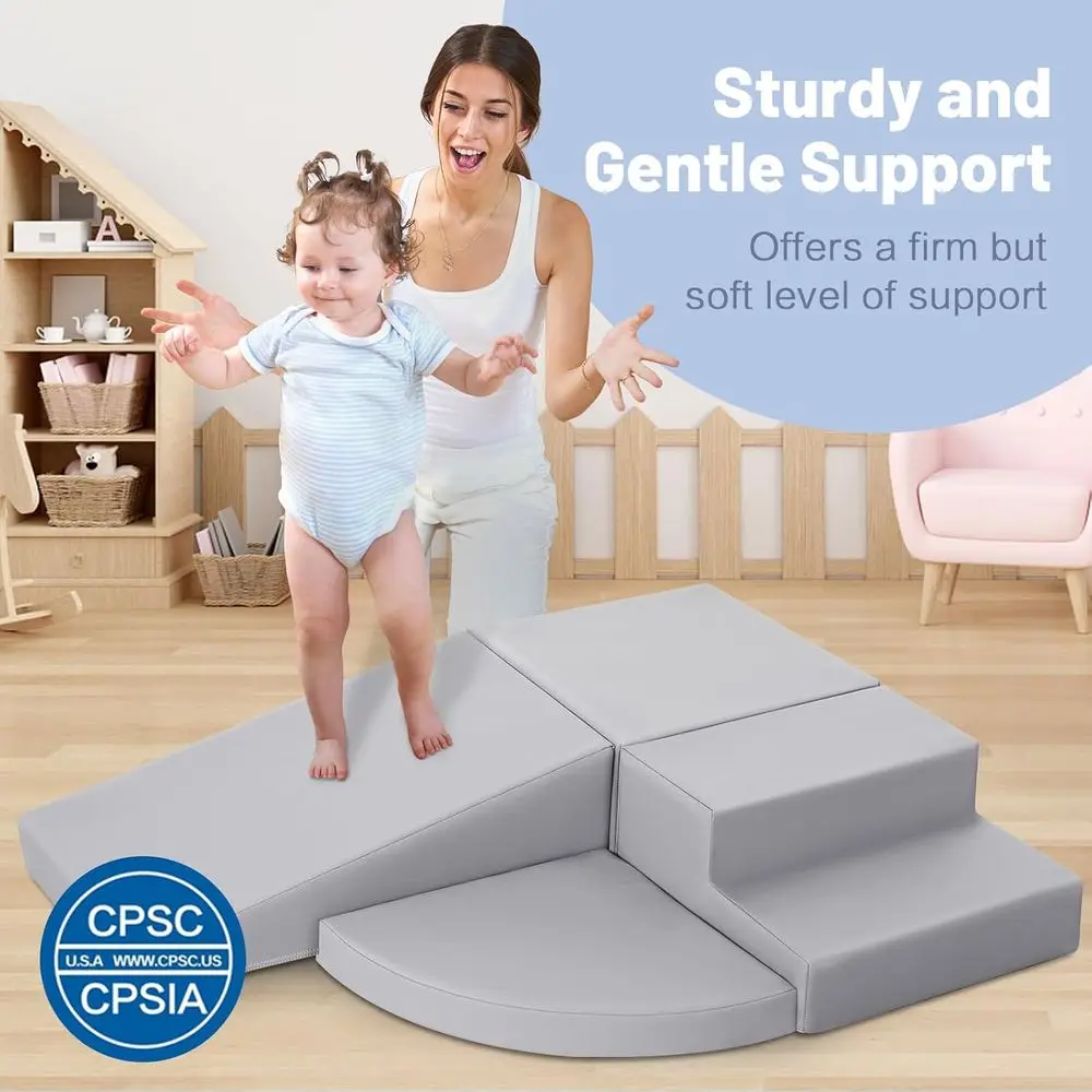 Szare piankowe klocki do wspinaczki dla maluchów - 4-częściowy miękki zestaw do zabawy wewnątrz pomieszczeń, do raczkowania i zjeżdżania