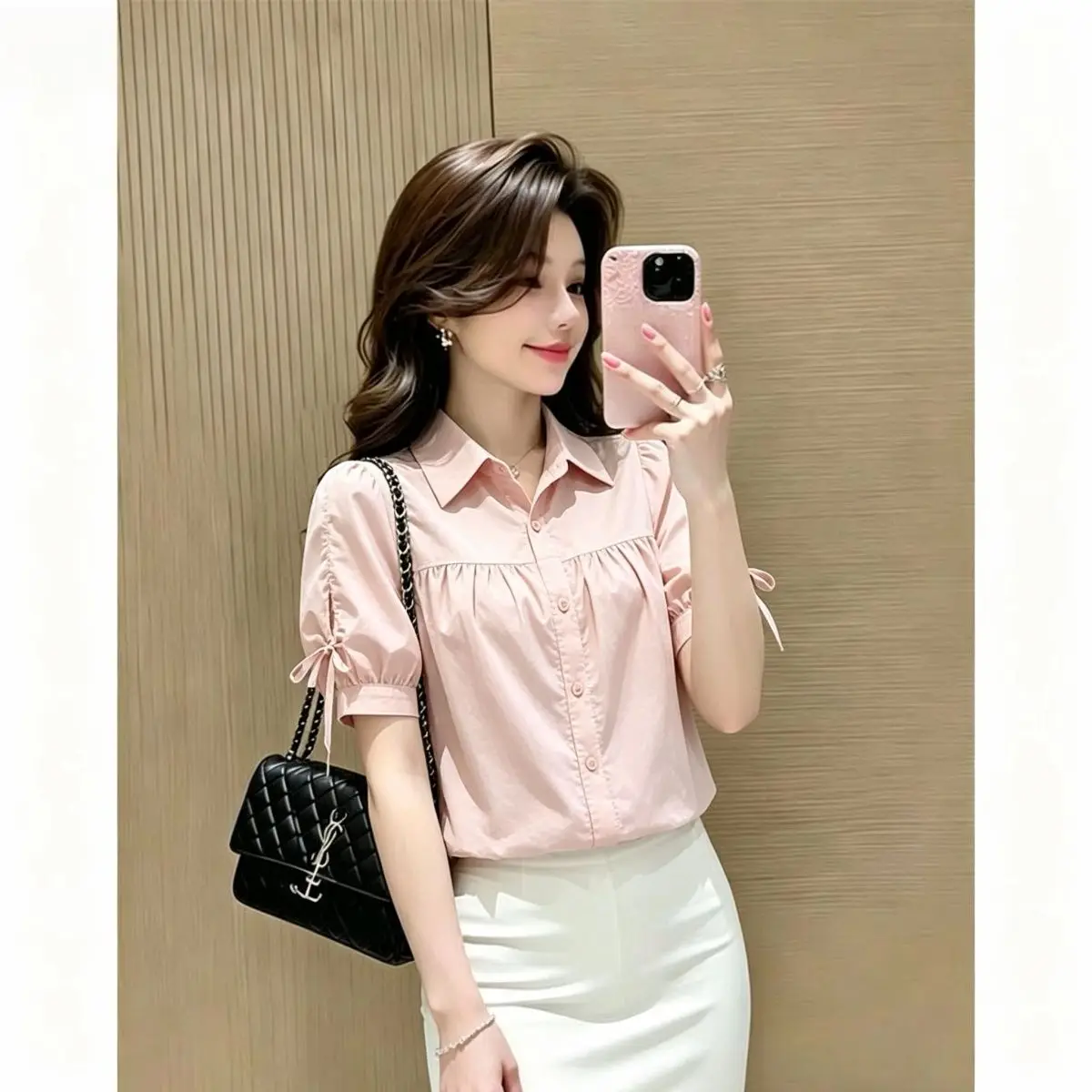 Fashionable Thin Short Sleeve Shirt for Small Stature Women  Knot Loose Fit Summer New Style Top  Collar Other M...