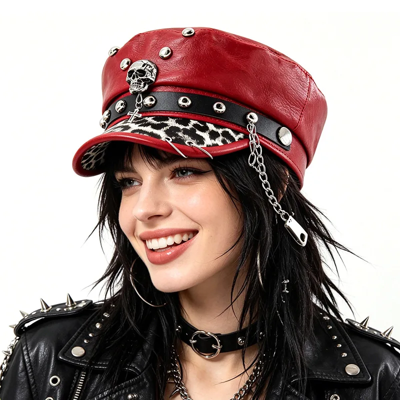Damen Y2k Trendige Baskenmütze Mode PU-Leder Coole Punk Totenkopf-Spike-Kappe Flache Kapitänsmütze Militärkappen Damen-Accessoires