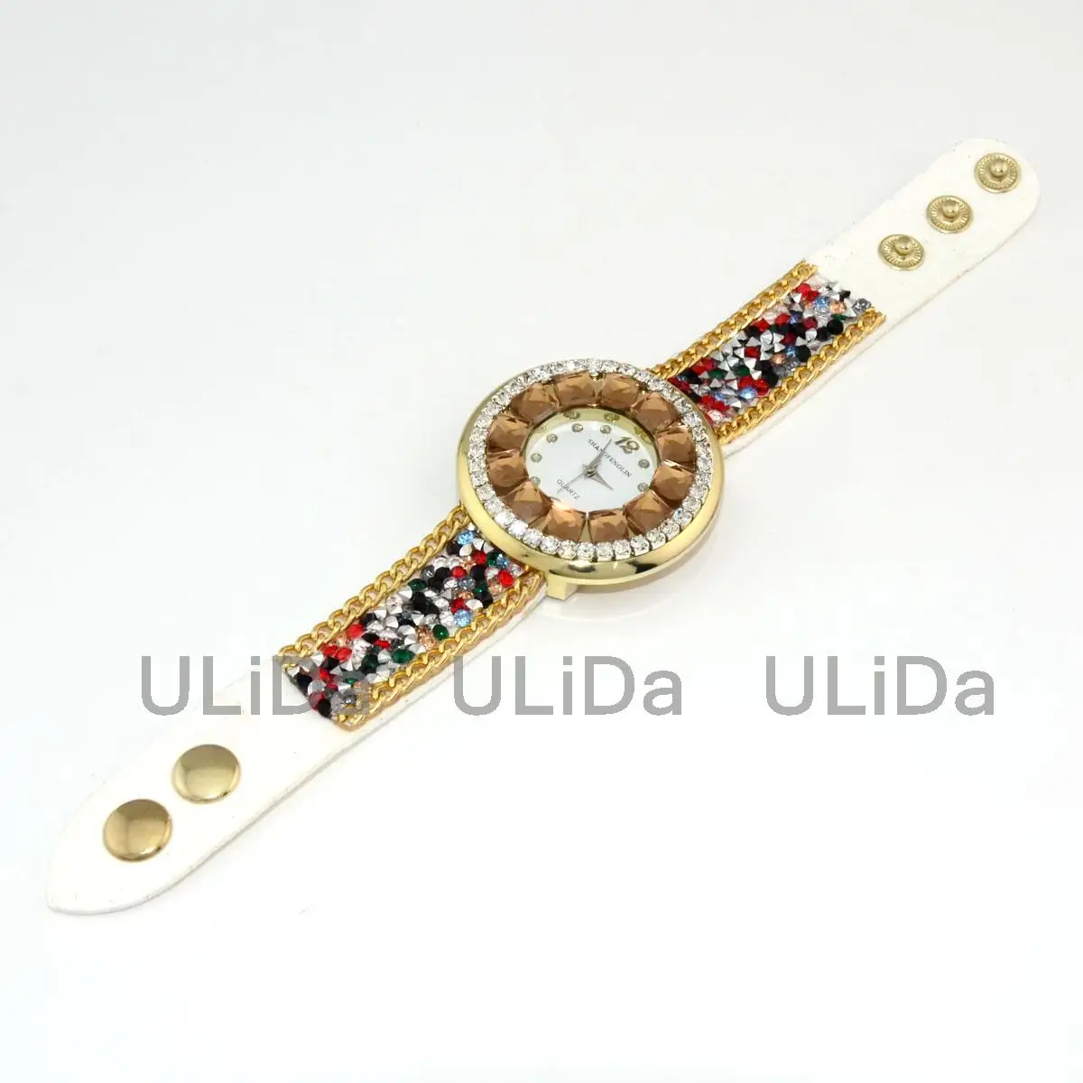 Fashion Retro Color Crystal Dial Numerals Women Dress Watch Snap Fastener Bracelet Ladies Wrist Watches