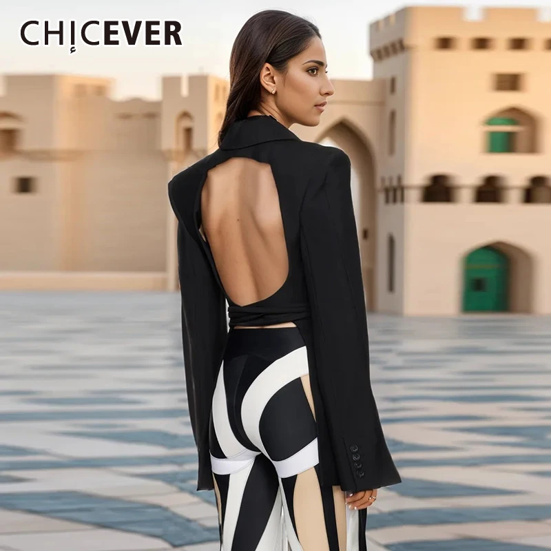 

CHICEVER Spliced Lace Up Blazer For Women Notched Collar Long Sleeve High Waist Backless Design Slimming Blazers Coat Female New