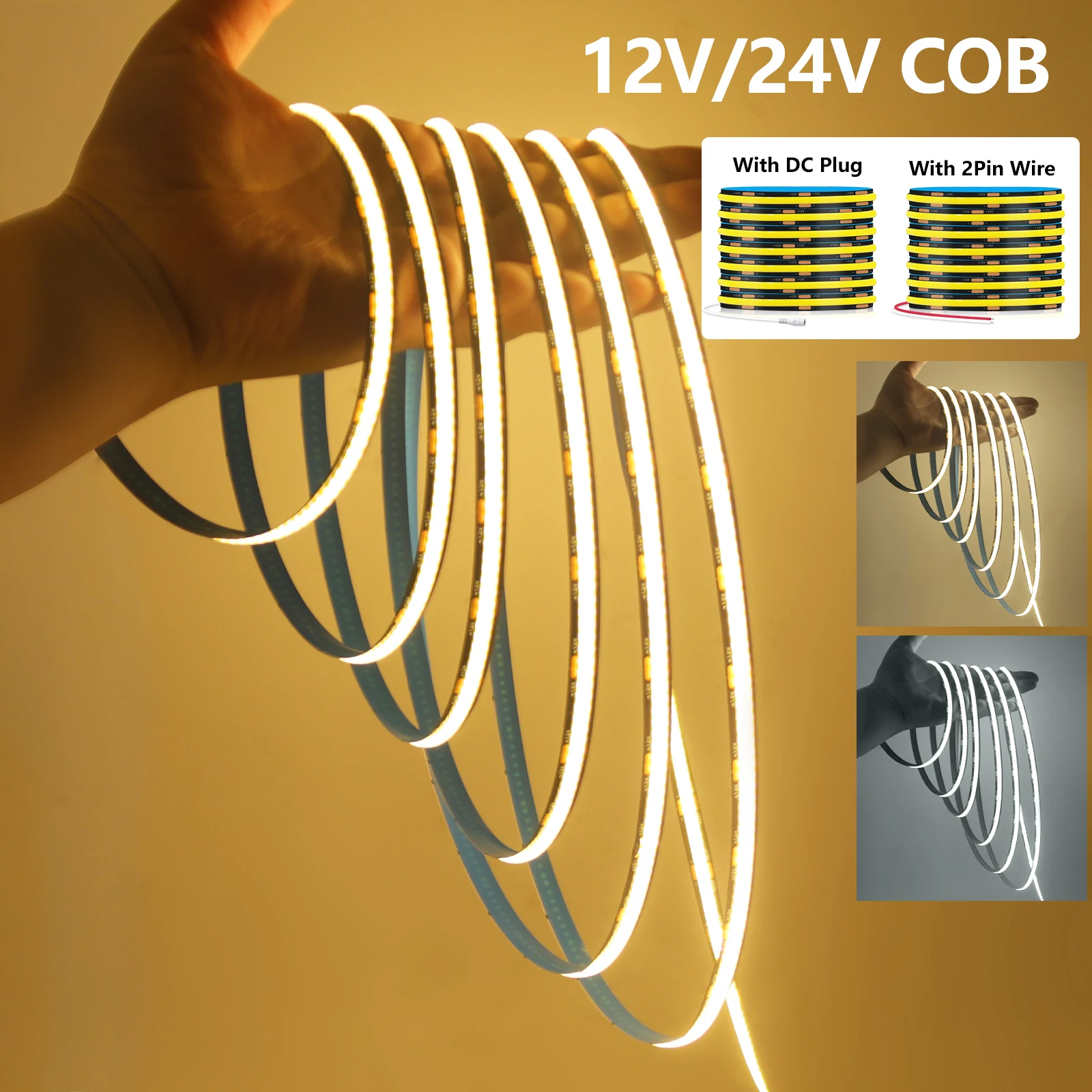 

12V 24V COB LED Strip 8mm Black PCB High Density 320LEDs/m RA90 Flexible LED Tape 3000K 4000K 6000K for Kitchen Cabinet Lamp