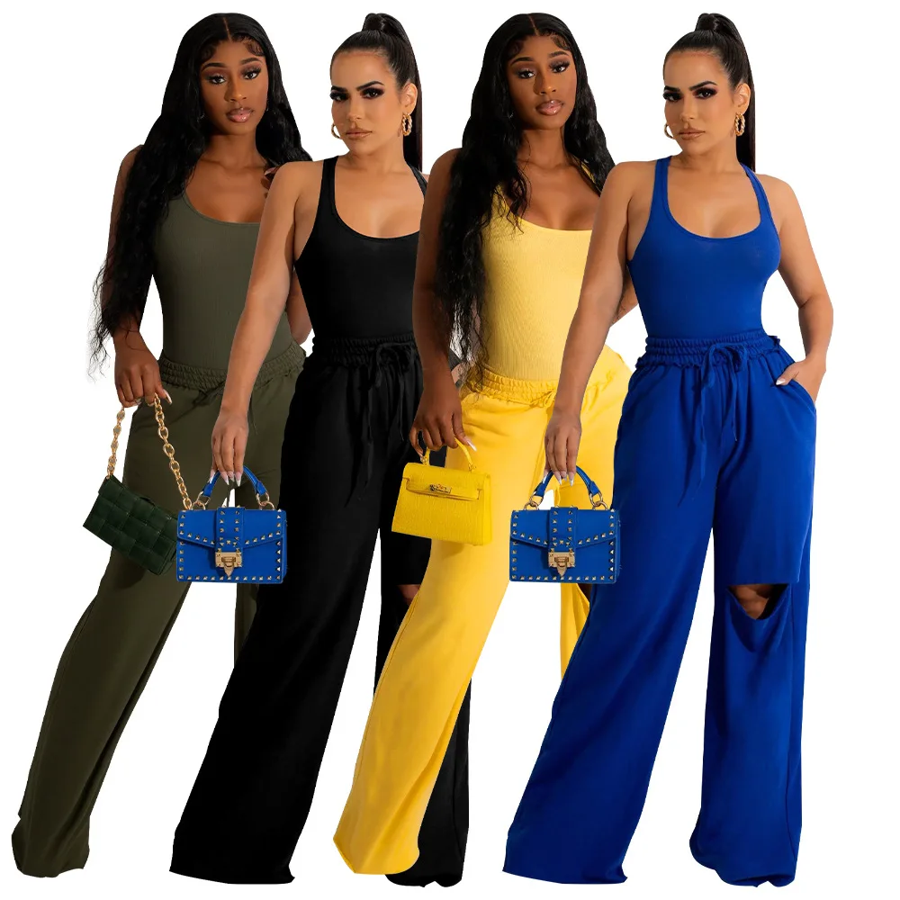 Pant Set Women Two Piece Sets U Neck Sleeveless Matching Sets Casual Vests Bodysuit Wide Leg Long Pants Lace Up Y2k Streetwear