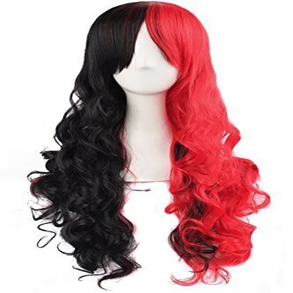 Harajuku Long Red & Black Curly Cosplay Synthentic Hair Wig with 2 Pigtails