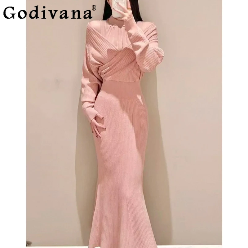 

Clear Series Women's Sweet Dress Chiffon Splicing Off Shoulder Waist Cinching Long Dress Female Cross Japanese Knitted Dress