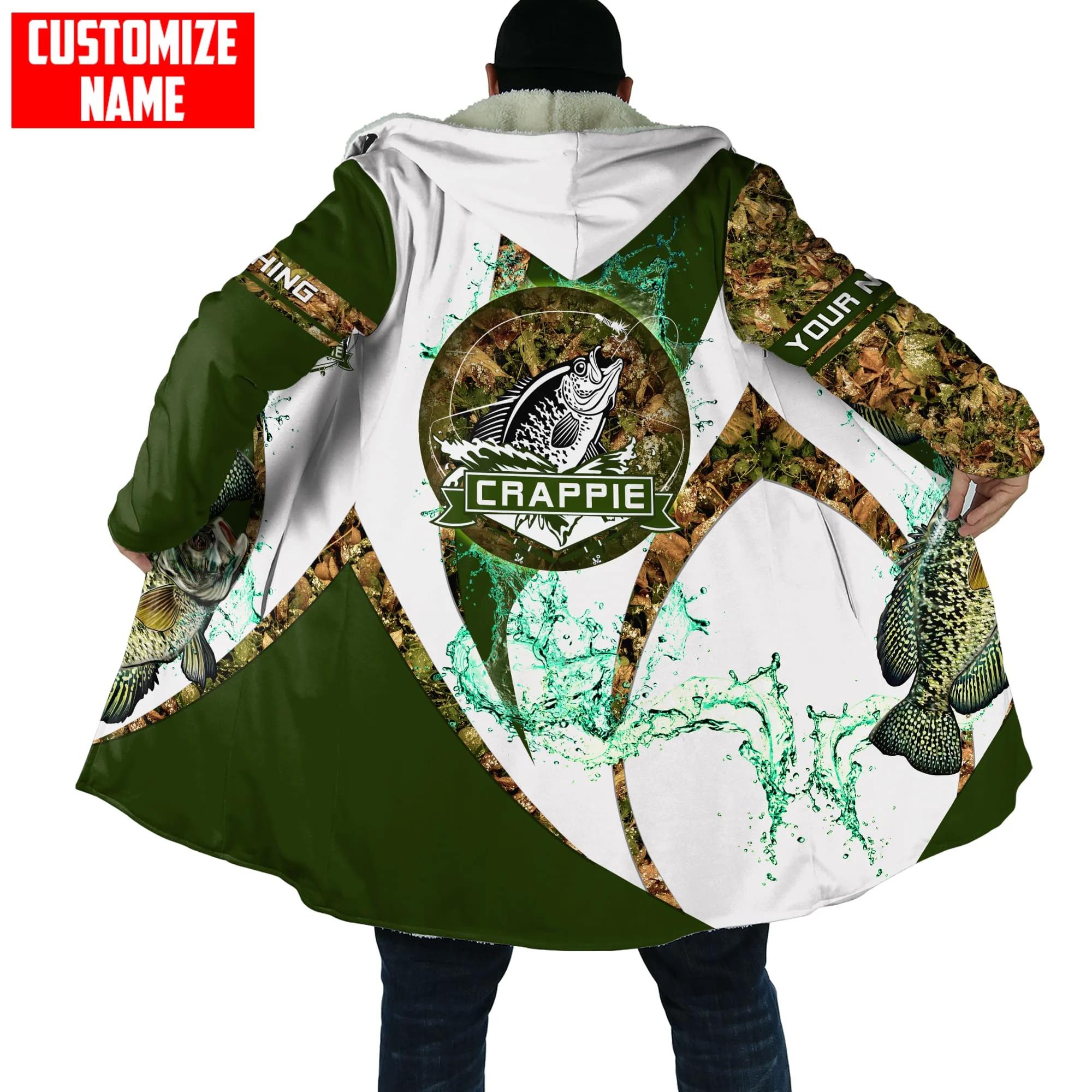 

Men's Fashion Winter Hooded Cloak Customized Name Trout Fishing Camo 3D Printing Thick Wool Hooded Coat Unisex Casual Warm Cloak