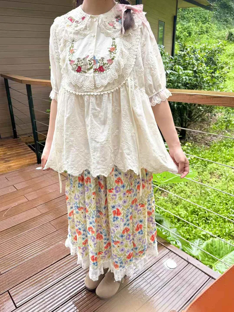 

Cottagecore Mori Girl Lolita Sweet Rococo Shirt Women Summer Goblincore Vintage Cotton Lace Patchwork Kawaii Cute Blouse
