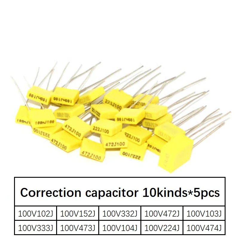 수정 캐패시터 패키지 키트, 100V, 102J, 152J, 332J, 472J, 103J, 333J, 473J, 104J, 224J, 474J, 10 종류 * 5 개 = 50 개 키트