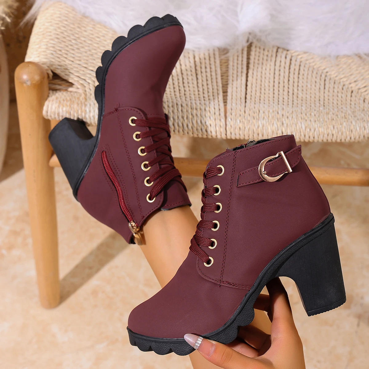 Women Ankle Boots Comfortable High Heels Shoes Spring Winter Fashionable Boots Women Comfortable Versatile Lace-up Ladies Shoes