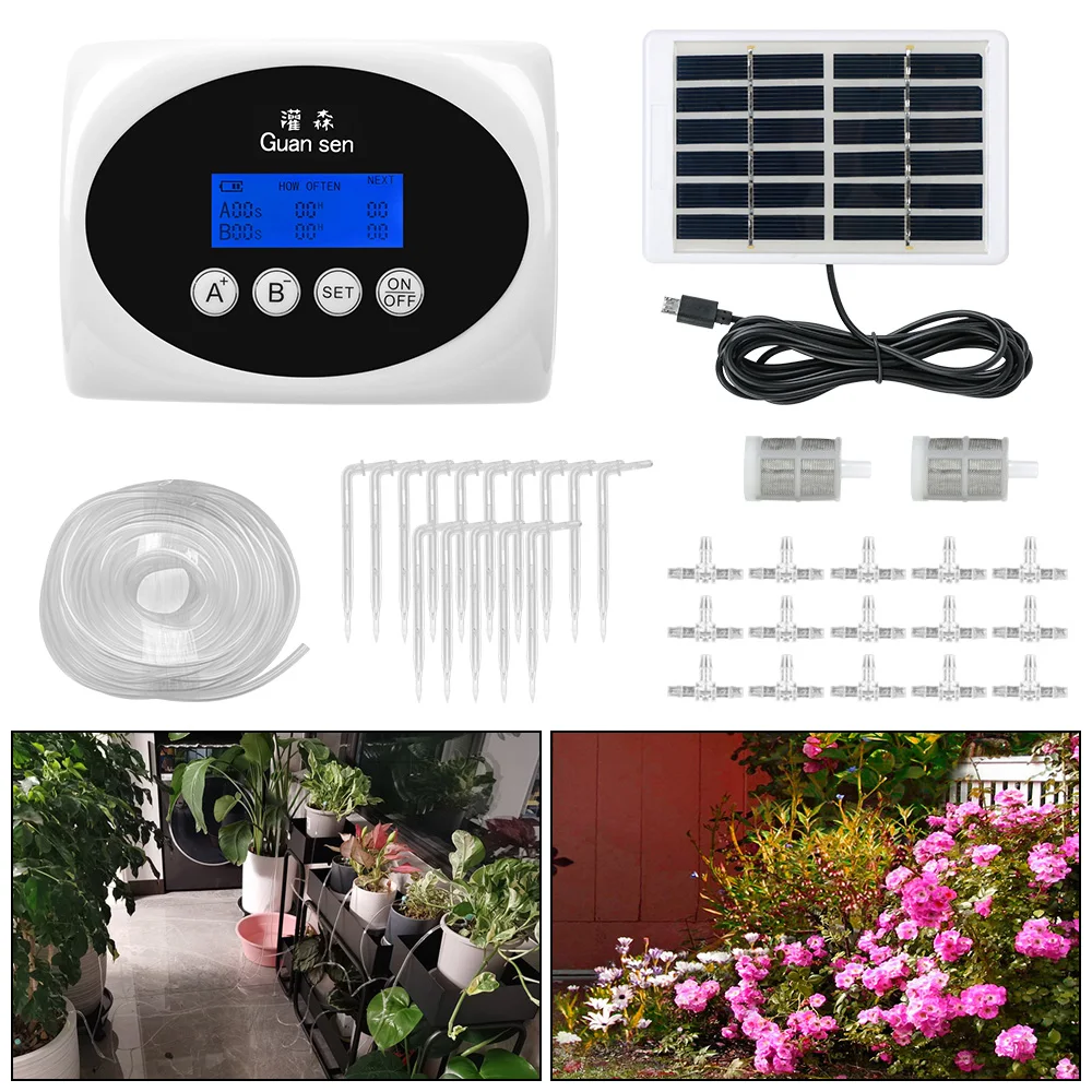 

Garden Drip Irrigation Device Controller Double Pump Smart Solar Drip System Timer Automatic Watering Device for Plants