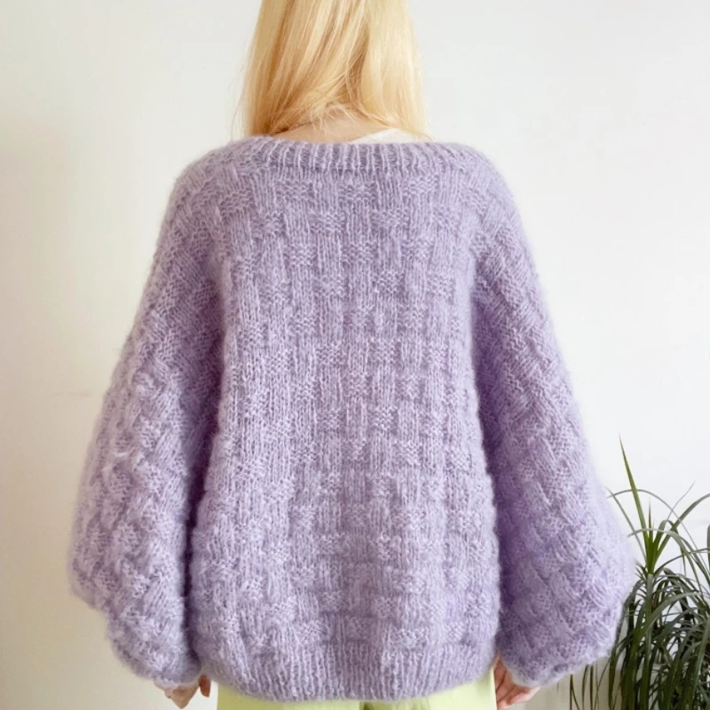 Fragrant taro purple loose casual lazy style top, lantern sleeves, knitted sweater, cardigan, women\'s long sleeved handmade weav