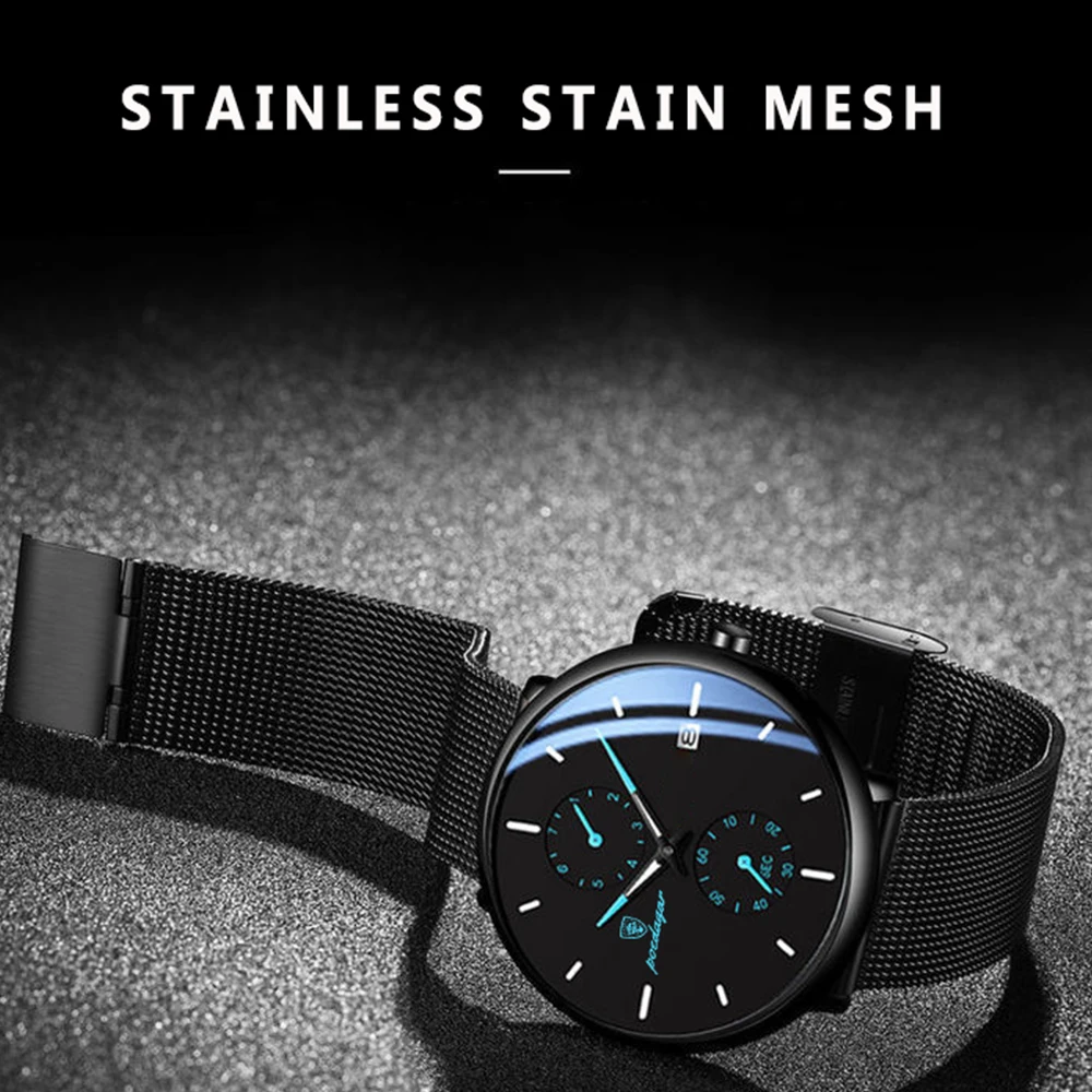 POEDAGAR ساعة رجالية عصرية فاخرة مقاومة للماء مضيئة تاريخ الأسبوع ساعة يد رياضية للرجال من الفولاذ المقاوم للصدأ ساعات كوارتز رجالية Reloj