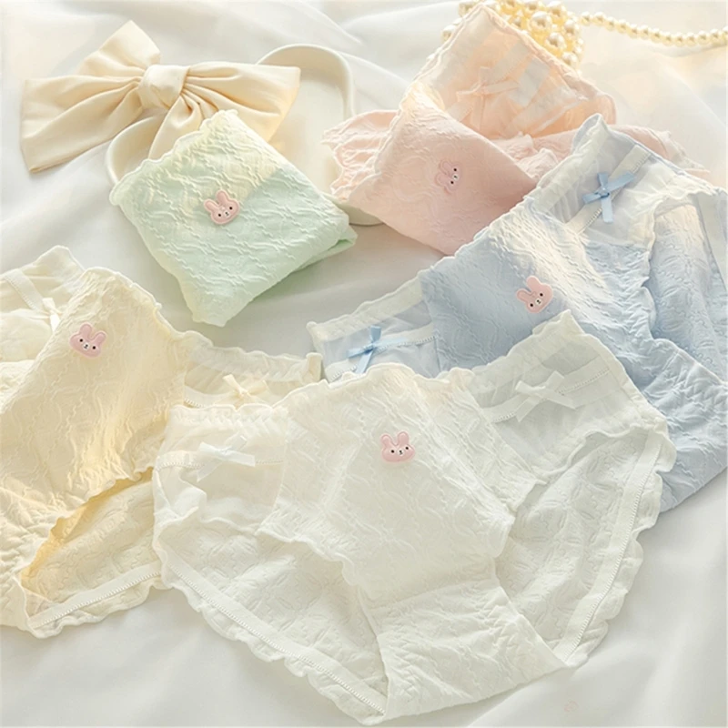 Japanese Rabbit Bowknot Cotton Underwear Panties for Women Teenage Girls Sweet Ruffled Edges Middle Waist Briefs