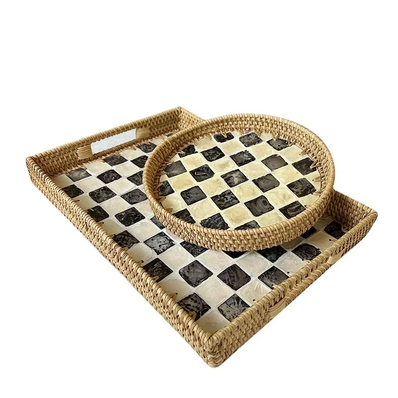 

Rattan Storage Tray Creative Natural Shell Black White Checkerboard Tray Home Living Room Organizer Decorative Storage Supplies