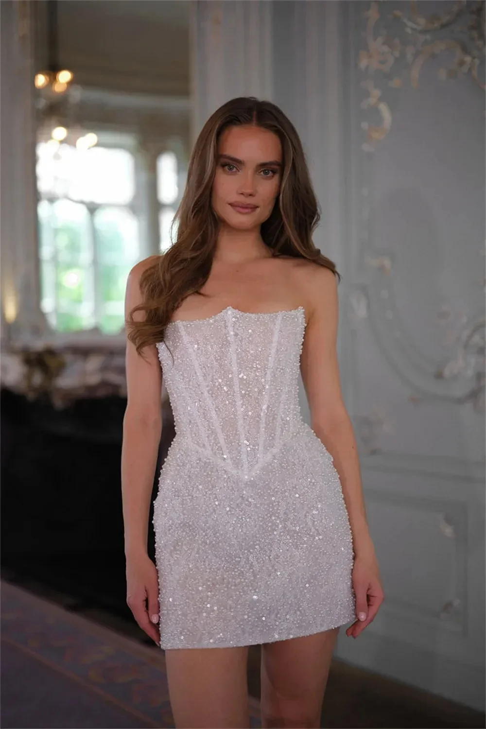 Shiny Glitter Short Wedding Dress Strapless Sleeveless Lace-Up Beads Sequins A-line Bridal Bride Party Gowns Vestido De Noiva