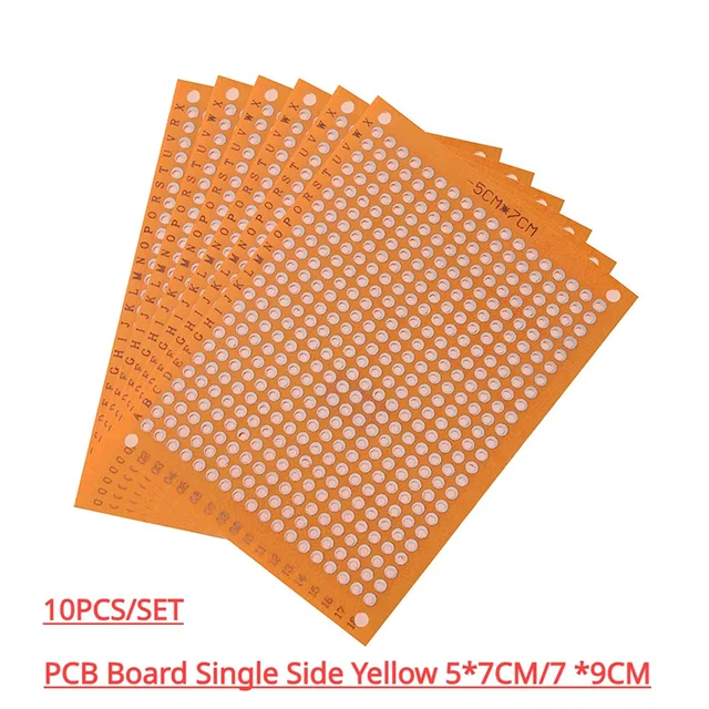 10 sztuk PCB uniwersalna płytka jednostronna żółta 5*7CM, 7X9Cm, płytka drukowana prototypowa perforowana tablica siatkowa zestaw, do lutowania DIY