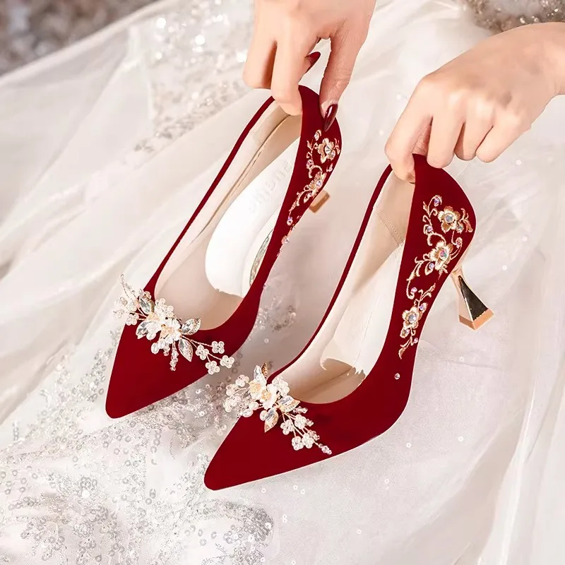 Women's Suede Embroidered High Heel Pumps 6.5cm
