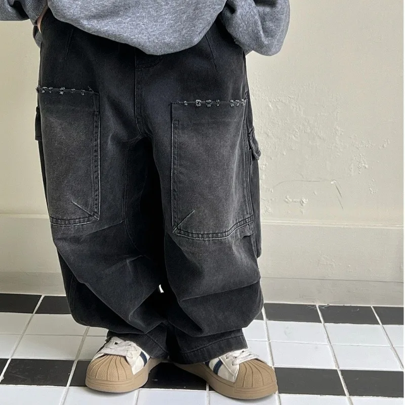 Boys Pants 2025 Autumn Korean Style Large Pockets Slightly Childrens Clothes Denim Long Pants