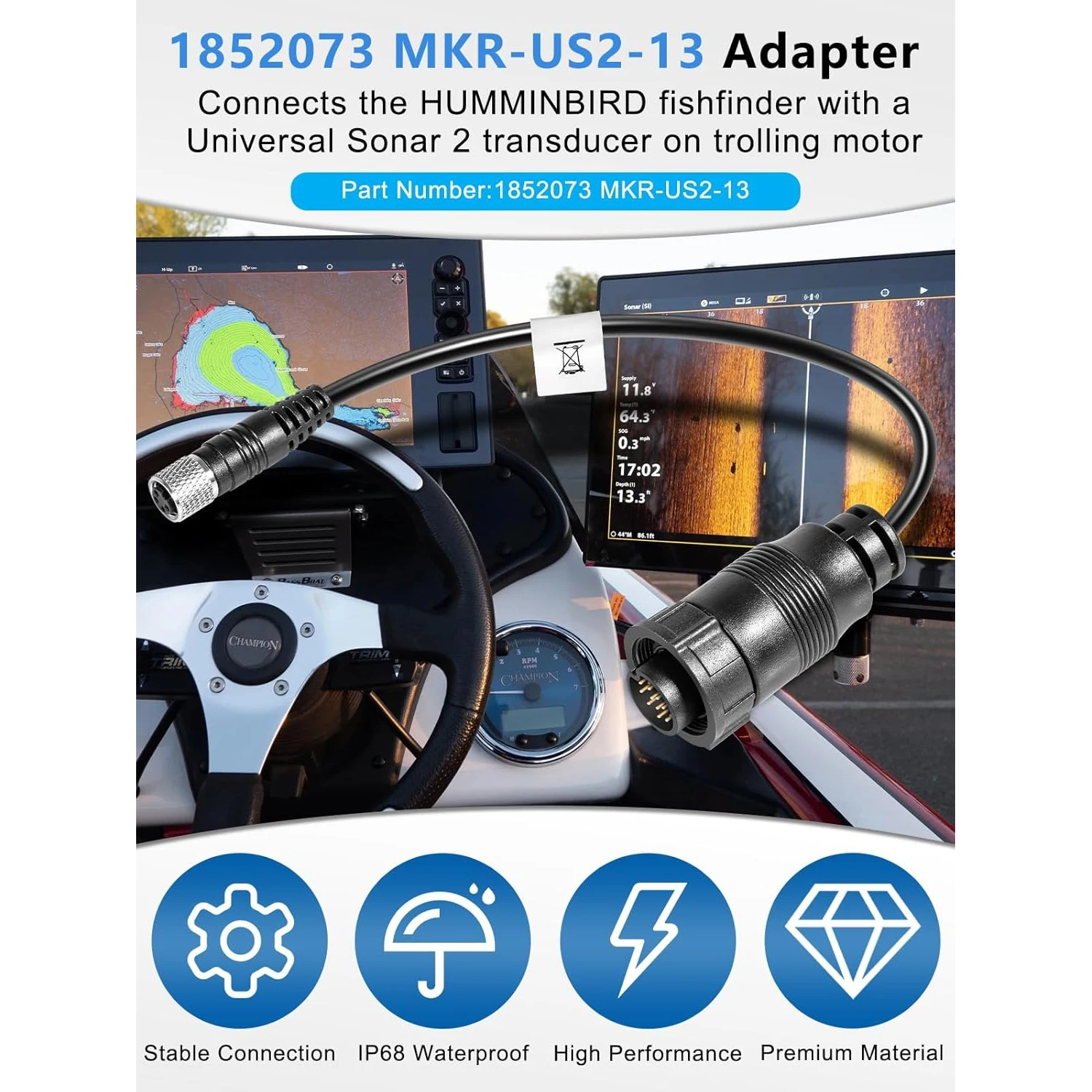 

1852073 MKR-US2-13 Sonar 2 Adapter Cable for Trolling Motors to HUMMINBIRD XPLORE, APEX, SOLIX, Onix Chartplotter and Fishfinder