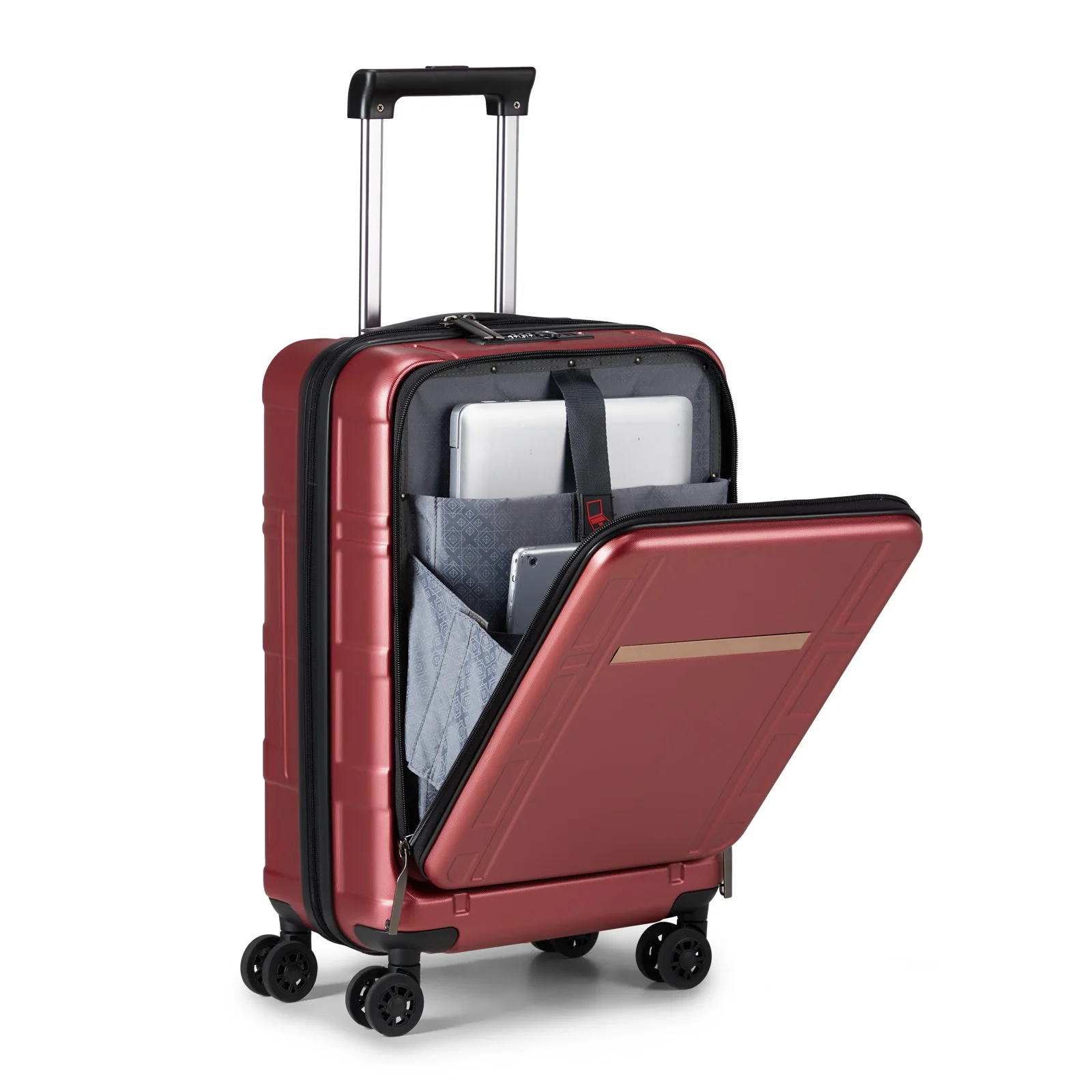 22 X 14 X 9 Airline Approved, ABS+PC 20 Inch Luggage with Front Compartment, Double Spinner Wheels, TSA Lock，Wine Red Color