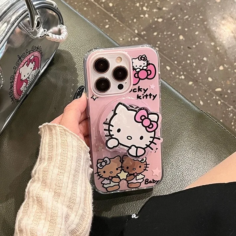 Pink Cartoon Cute Hello Kitty Bow KT Magsafe Wireless Charge Phone Case For iPhone 16 15 14 13 12 Pro Max Kitty Magnetic Holder