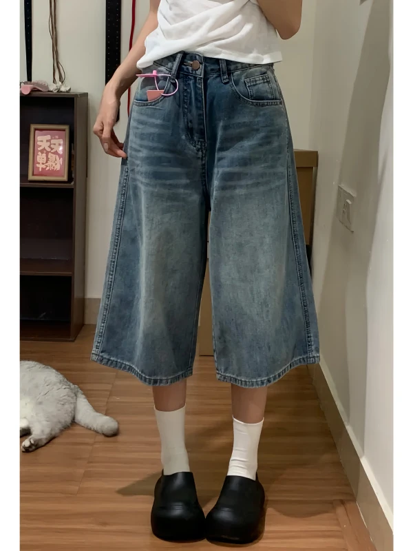 

Retro American Blue Denim Seven-Five Shorts Women's Summer High Street Loose Casual Mid-Length Jeans Natural Waist Button Clo...