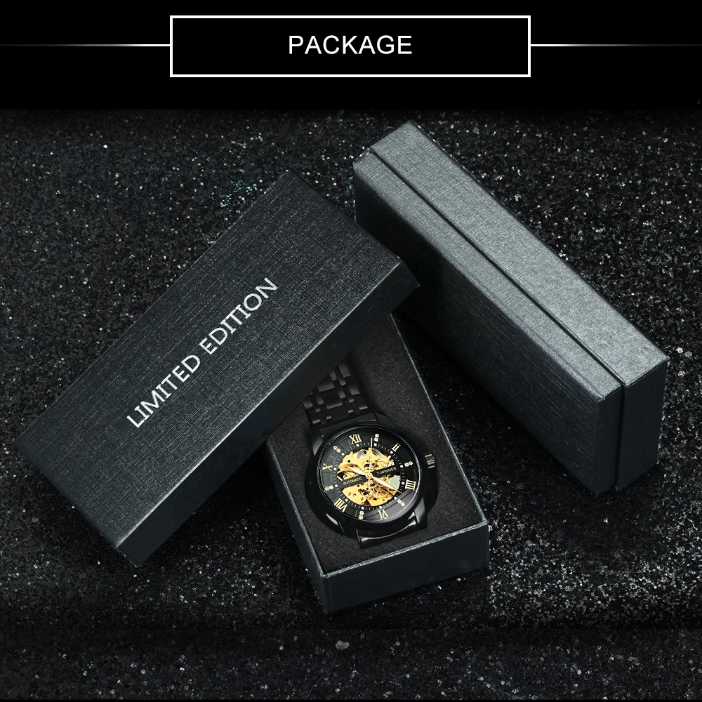 ПОБЕДИТЕЛЬ Бизнес Механические часы со скелетом для мужчин Черный ремешок из нержавеющей стали Модные мужские часы Лучший бренд Роскошные наручные часы