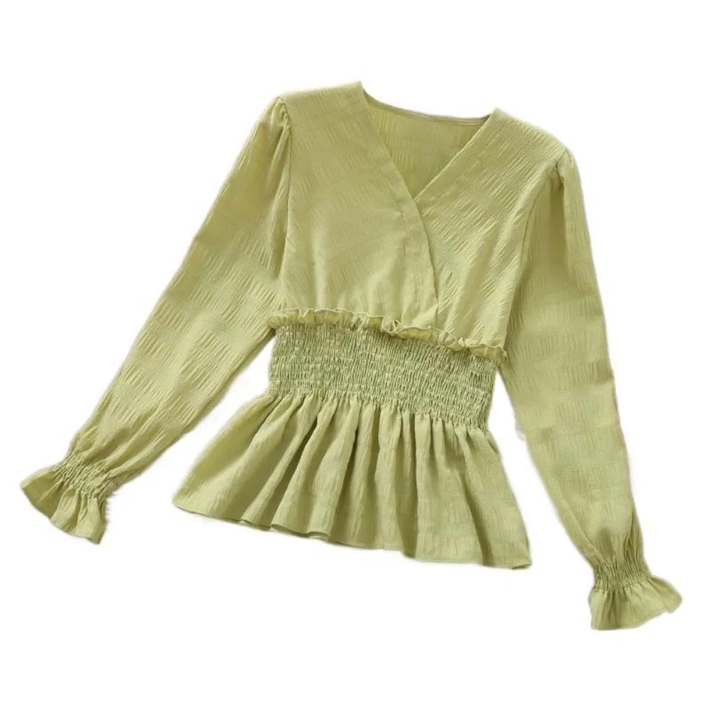 

Casual V-neck Chiffon Thin Shirt Solid Color Ruffled Edge Chiffon T Shirt Women Slim Fit Long Sleeve Ladies Tops Spring Autumn