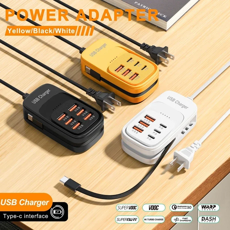 USB Charger 6-in-1 Power Strip Desktop Charging Station With Fast Charging Cord EU/US Plug USB HUB Adapter Socket 3PD 3USB 2026