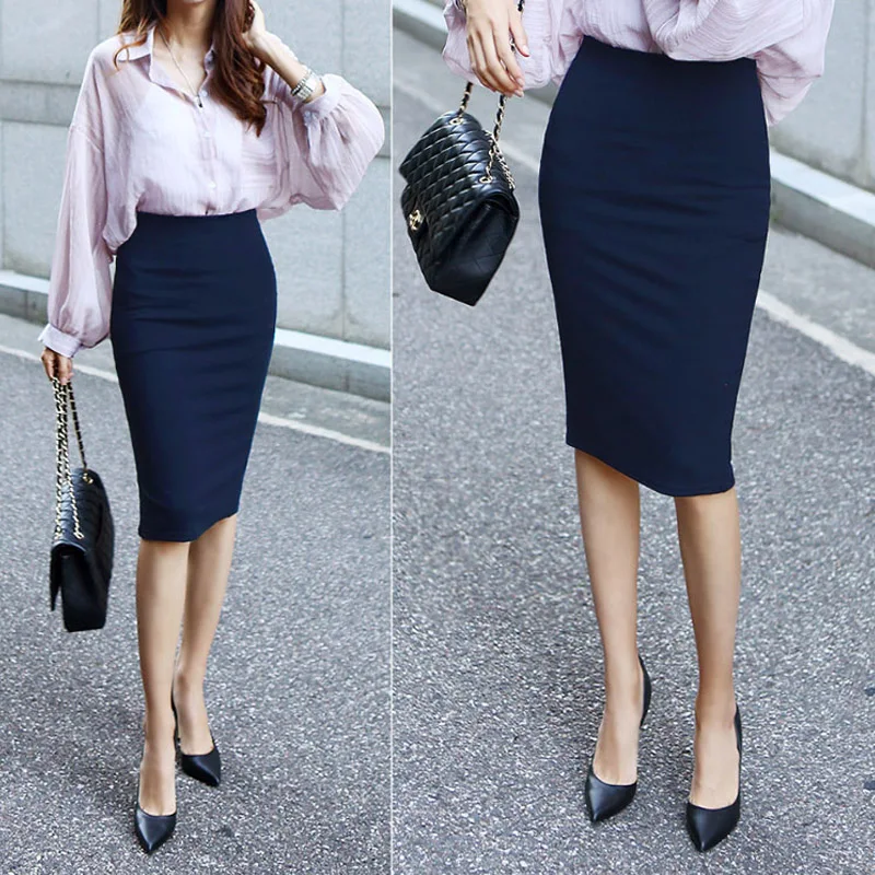 Hoge Taille Afslanken f-Lengte Rok vrouwen Lente Zomer Werk Rok Pak Pure Kleur Pendelen Sle Mid-lengte