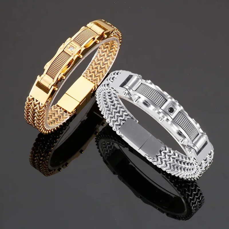 

Stainless Steel Bracelet for Men 21CM Square Chain With CZ & Magnet Clasp Bracelets Street Style Fashion Quality Jewelry Gifts