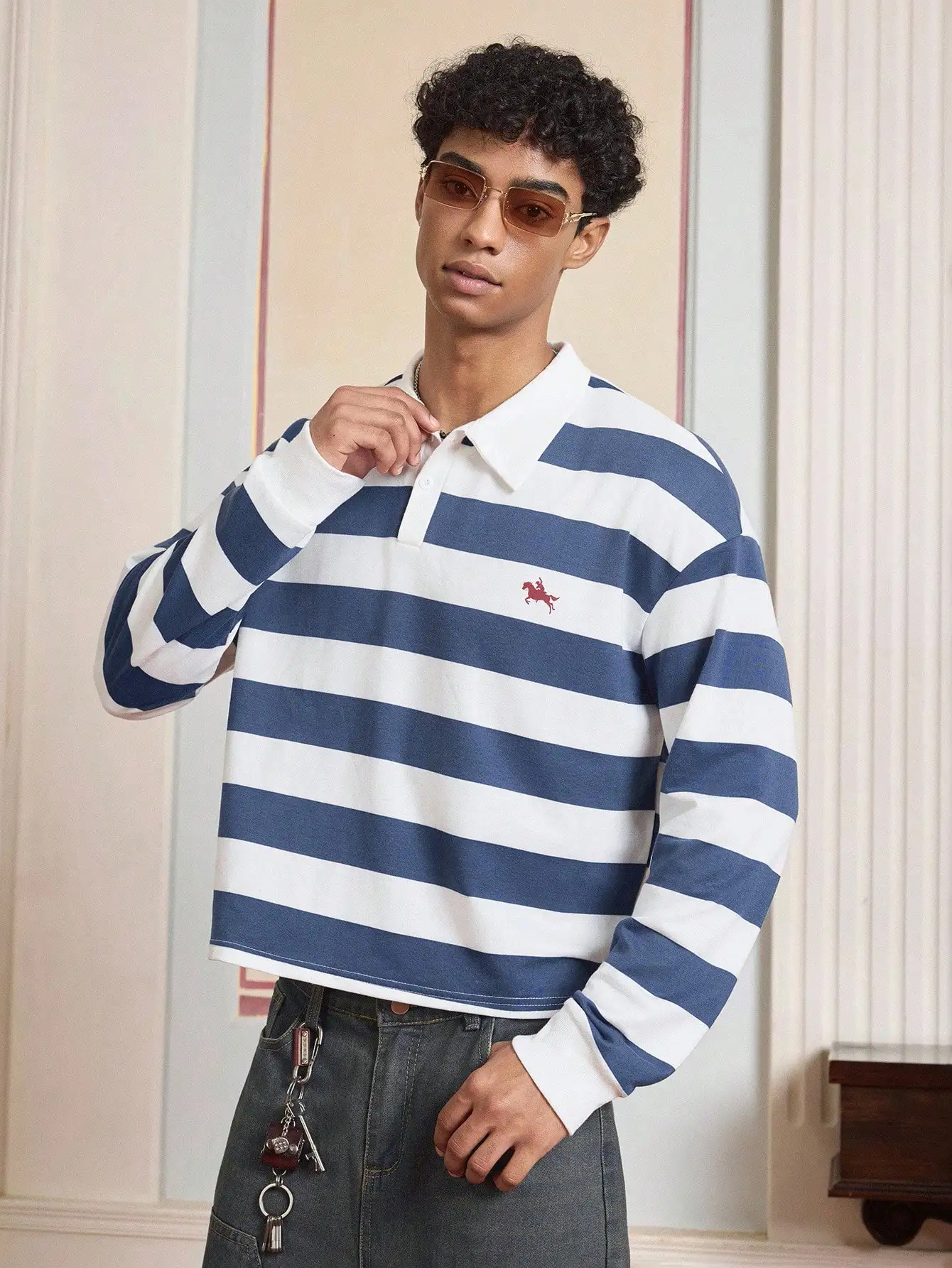 

Men's Long Sleeve Striped Polo Shirt, Navy and White, Casual Fit for Fall