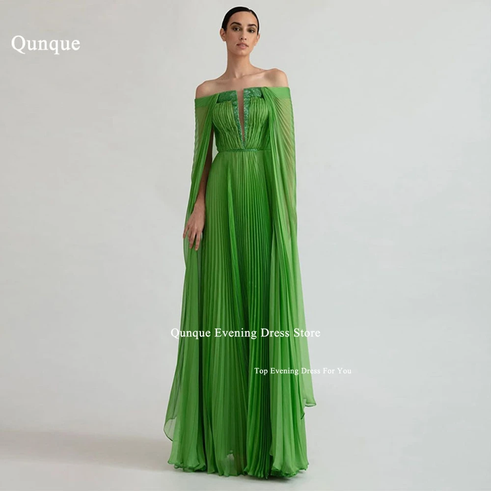 Qunque Strapless Sleeveless Chiffon V-neck Prom Dresses Sexy Back Zipper Long Green Pleat Party Gowns Customized Vestido De Gala