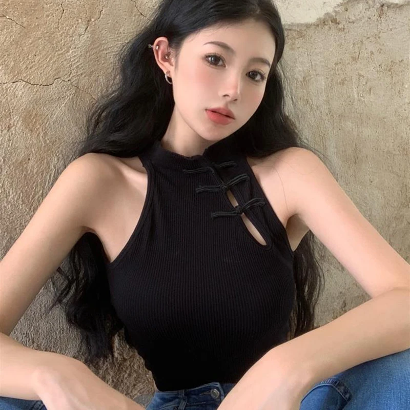 New Chinese Style Button Tank Tops Sleeveless Sexy Crop Tops Stand Collar Elegant Cheongsam Style Women Clothes with Bra Pad